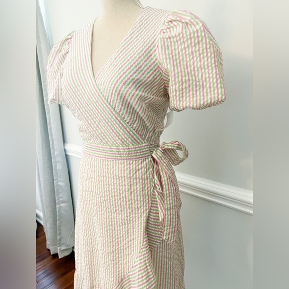 NWT Draper James RSVP Pink Green Striped Seersucker Puff Sleeve Wrap Dress, Sz S - Picture 7 of 10